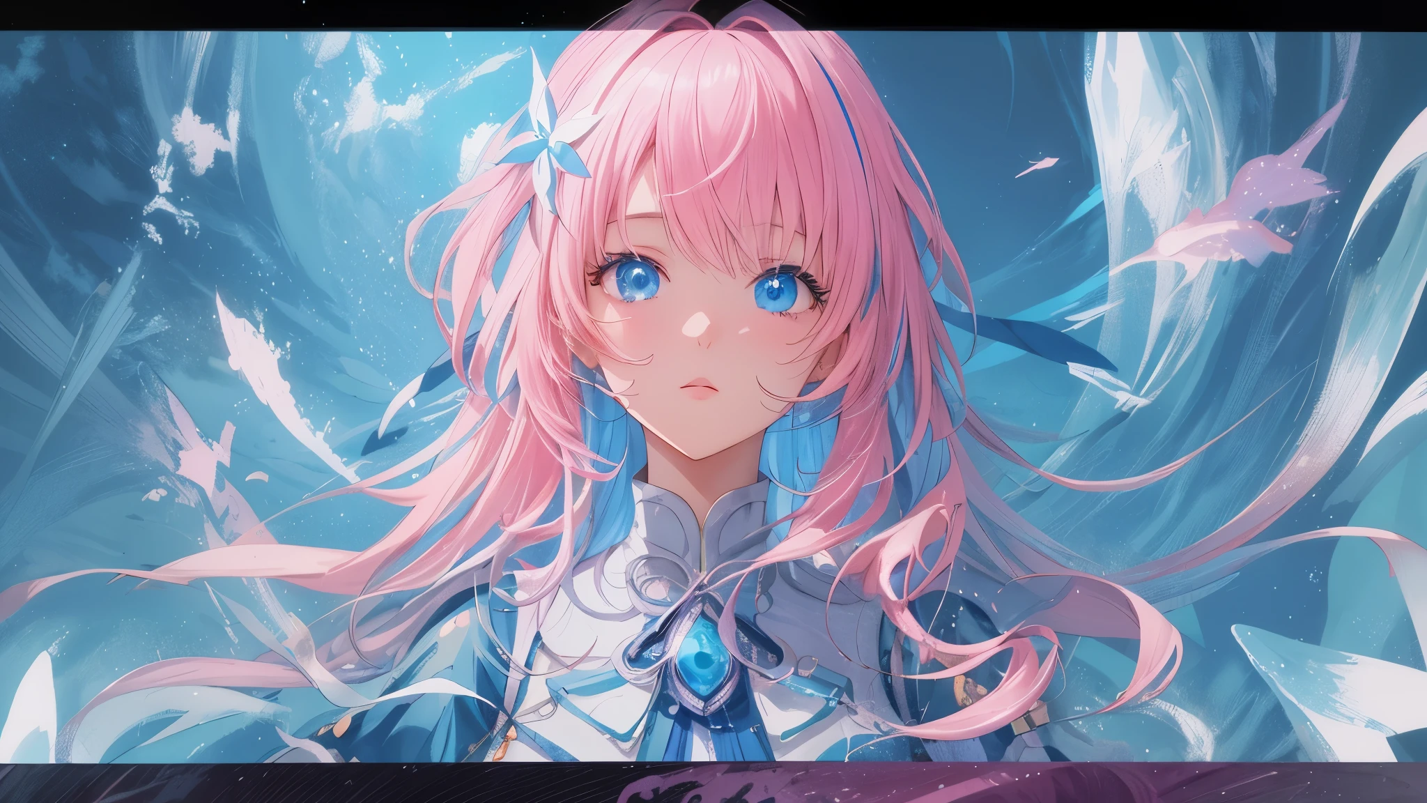 Chica anime con cabello rosado y ojos azules con un vestido azul., retrato, caballeros del zodiaco, , detailed arte animado digital, hermoso retrato animado, anime girl with cosmic hair, Cabello rosado y ojos cian., estilo anime 4k, arte animado digital, anime fantasy illustrations, anime fantasy illustration., retrato chica anime, anime in fantasy style, arte detallado del personaje de anime