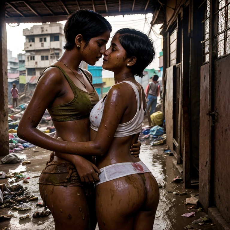 Desi  girl kissing her friend in dharavi slum. Covered in poop. Short hair. Dirty butt.