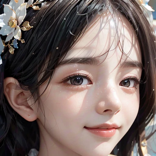 highest quality, ultra nothing, realistic, A photo of a beautiful and cute Japanese woman, detailed face, Beautiful black hair, (detailed porcelain dolls,white dress with detailed details), Mansion Pool, (Close up of face from neck), fascinating look, looking at the viewer, happy smile, Bright lighting,