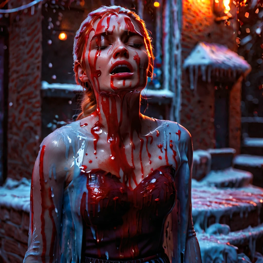 (photorealistic) photo, (masterpieces), beautiful lighting, best quality, realistic, full posture, full body, real picture, intricate details, depth of field, Elsa from Frozen as Carrie from horror movie, She has a mad and demented look, she is all covered in blood, dripping, all in blood(hair, face, neck, body, hands, clothes, legs), blood drips from hair, face and hands, barefoot, backgroung is land of ice from the fairy tale "frozen", stands in the middle of the street fujifilm xt3, Beautiful lighting, RAW photo, 8k uhd, film grain ((bokeh))