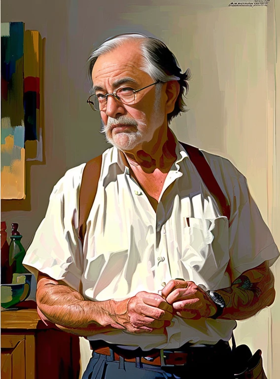 model shoot style, (papel de parede CG 8k extremamente detalhado), foto de corpo inteiro da obra de arte mais bonita do mundo, homem 65 anos, cabelo branco, longa barba branca, obeso, medium bulge, erotic position, armadura medieval, majestic professional oil painting by Ed Blinkey, Atey Ghailan, Studio Ghibli, por Jeremy Mann, Greg Manchess, Antonio Moro, trend at artstation,  trends at CGSociety, Intricado, alto detalhe, sharp focus, Dramatic, photorealistic painting art by Midjourney and Greg Rutkowski,      