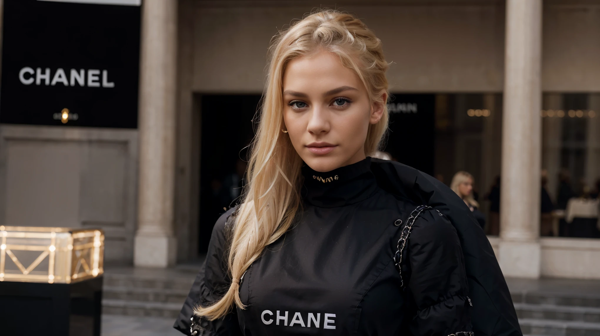 covered black chanel, worn by a woman with European features (blonde hair, perfect skin), full body photo, without showing head or feet (American photographic plan)((hyperrealistic)), ((high definition details)), Full HD, angle with fujifilm camera, bokeh effect in the background of the central image, photo to use as a home page for an online haute couture clothing store,ultra-detailed,realistic:1.37