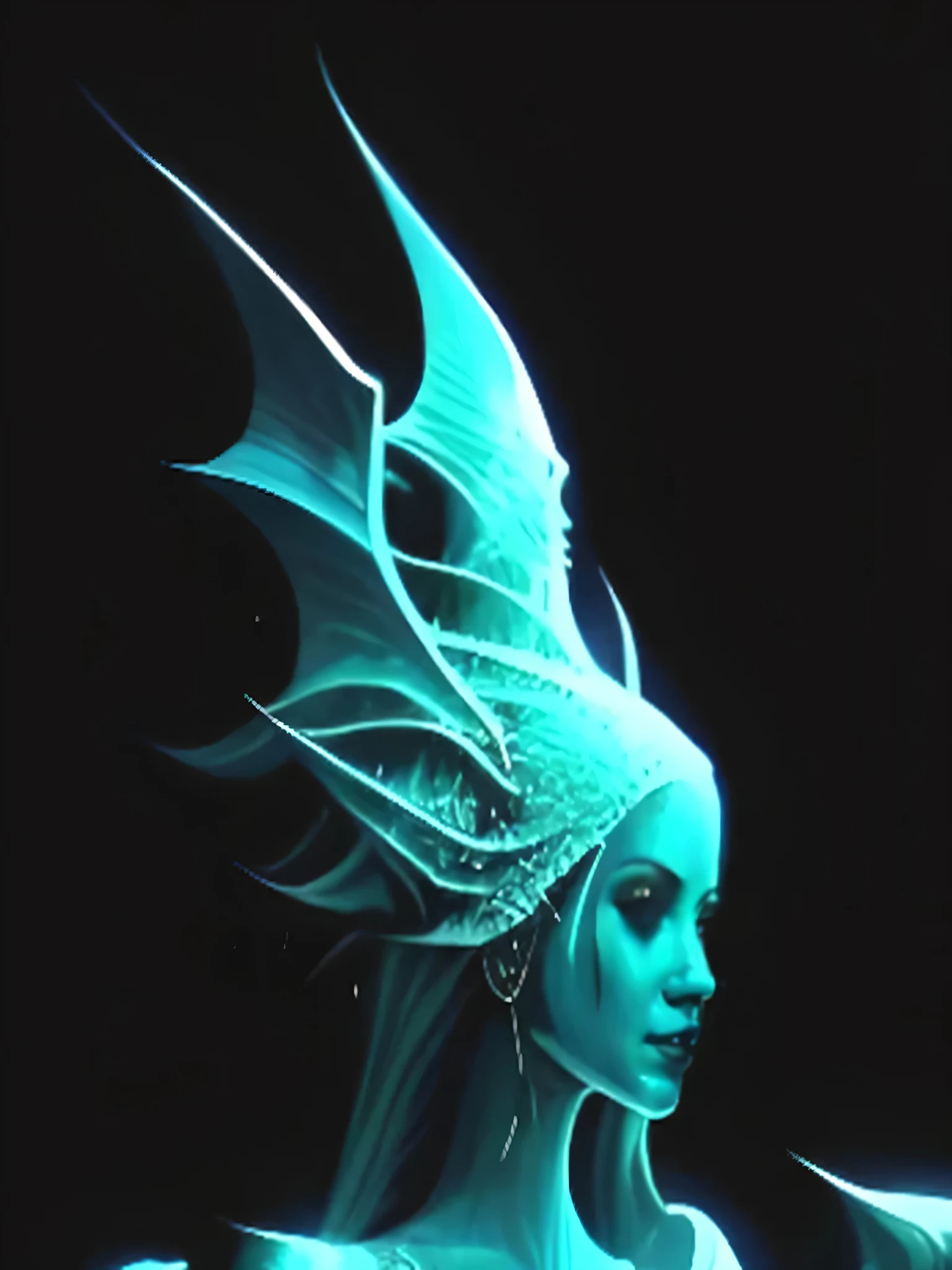 a close up of a woman with a blue dress and a white headdress, glowwave girl portrait, digital 2d fantasy art, portrait of mermaid warrior, aetherpunk airbrush digital art, detailed glowing head, fantasy concept art portrait, moebius + loish + wlop, aquatic creature, luminescent concept art, digital fantasy art, digital art fantasy