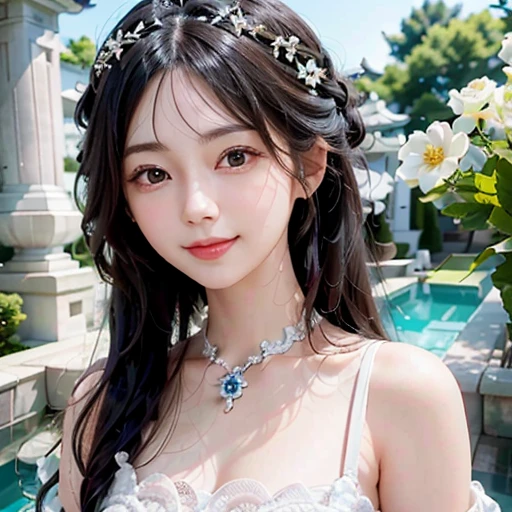 highest quality, ultra nothing, realistic, A photo of a beautiful and cute Japanese woman, detailed face, Beautiful black hair, (detailed porcelain dolls,white dress with detailed details), Mansion Pool, (Close up of face from neck), fascinating look, looking at the viewer, happy smile, Bright lighting, 10 years old