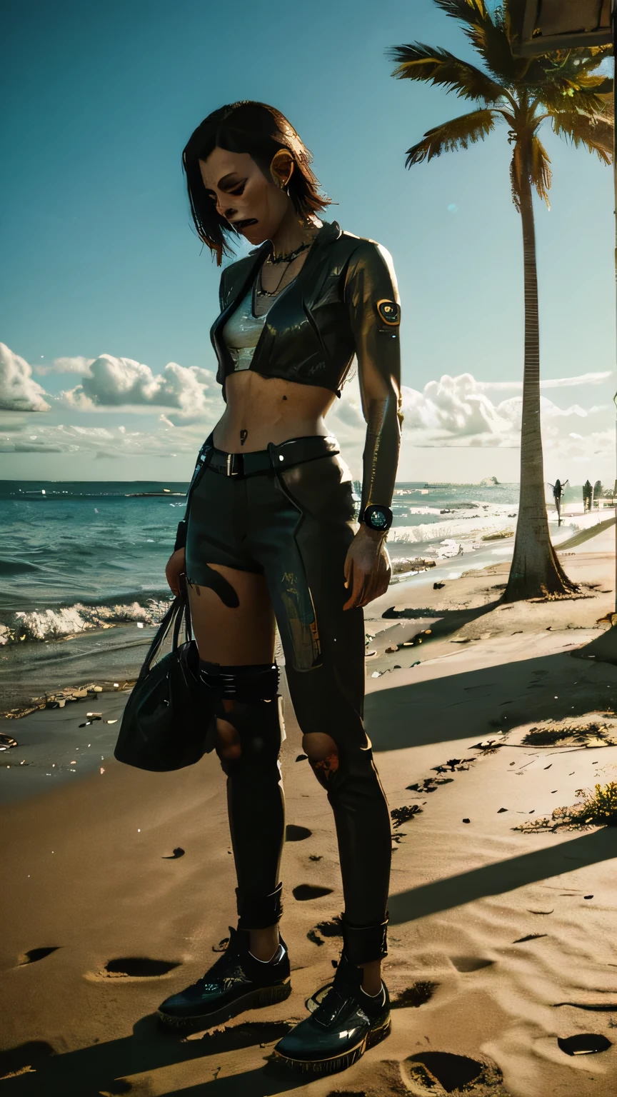 sad rich bussiness yooungg female cyberpunk,sad on a beach, sunny, crying, paiting, sun,, cyberpunk 