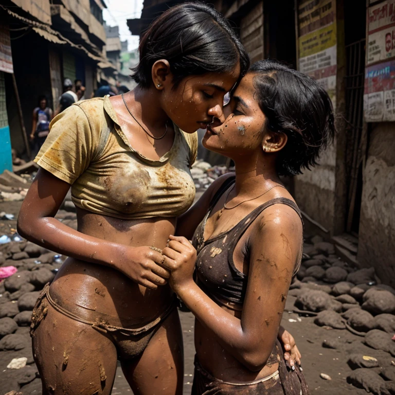 Desi age girl kissing her friend in dharavi slum. Covered in poop. Short hair. Dirty butt.