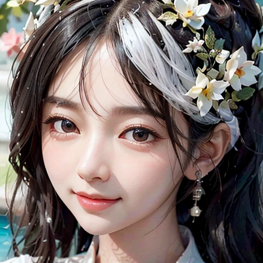 highest quality, ultra nothing, realistic, A photo of a beautiful and cute Japanese woman, detailed face, Beautiful black hair, (detailed porcelain dolls,white dress with detailed details), Mansion Pool, (Close up of face from neck), fascinating look, looking at the viewer, happy smile, Bright lighting,