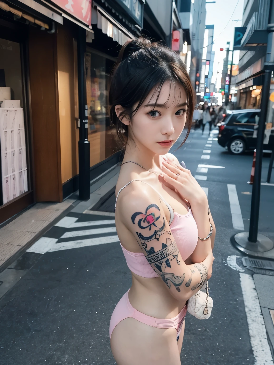 (((full body tattoo))), Photo realistic, High resolution, detailed background, detailed beautiful skin, detailed nose, soft lighting, (solo shot:1.23), (upper body:1.1), closed shot, (breast focused:1.3), looking at viewer, (((nice hand, perfect hand))), clear eyes,// japanese lady,cleavage, pale skin, mega breasts, 20 year old, // (((wearing chanel))), pink short hair, street snap, ((facing viewer)), at the street tokyo, ((standing)),