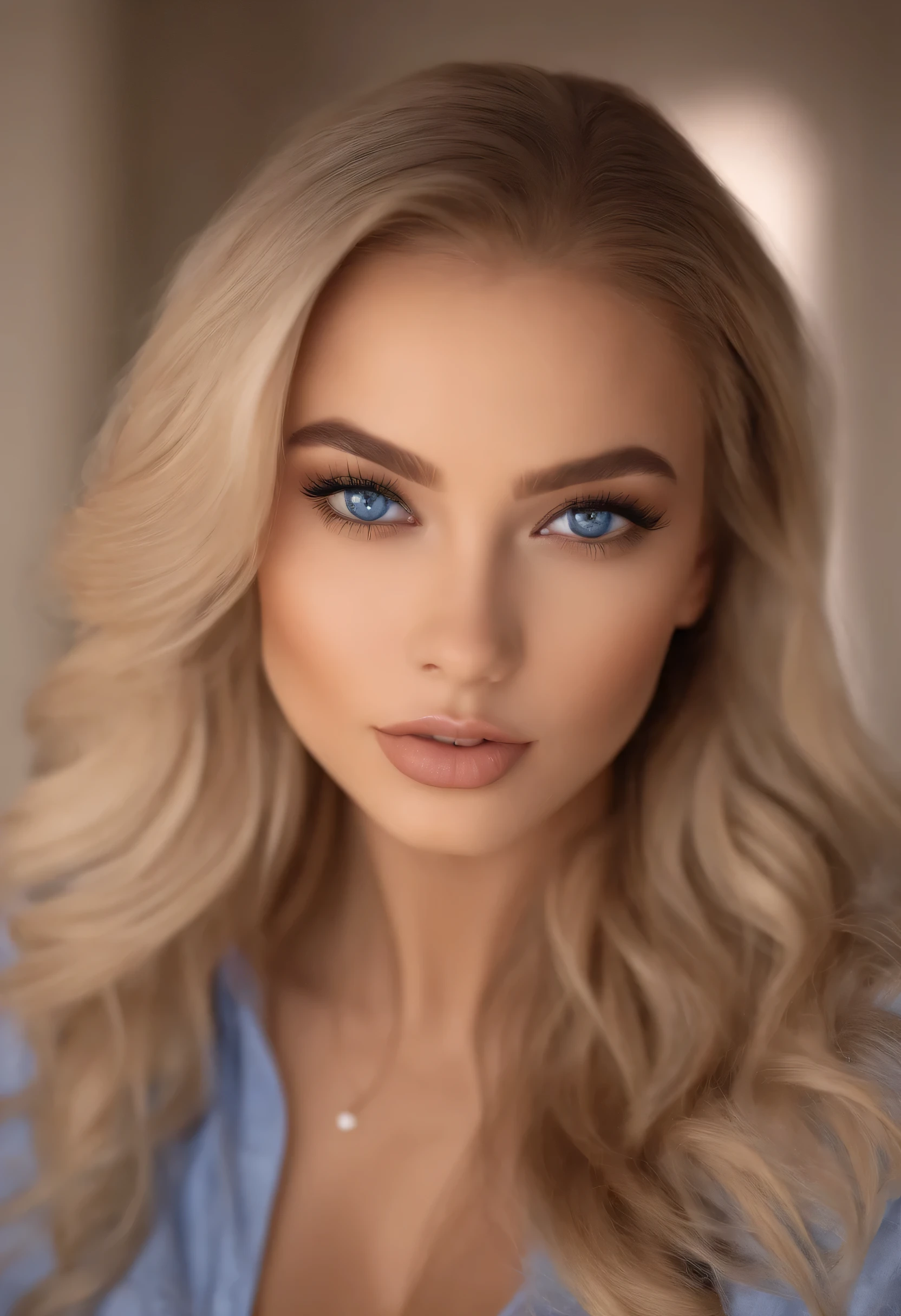 arafed woman fully , sexy girl with blue eyes, ultra realistic, meticulously detailed, portrait sophie mudd, blonde hair and sexy eyes, selfie of a young girl, bedroom eyes, violet myers, with makeup, natural makeup, looking directly at the camera, face with artgram, subtle makeup, stunning full body shot kneeling on bed, in kitchen, large size bust