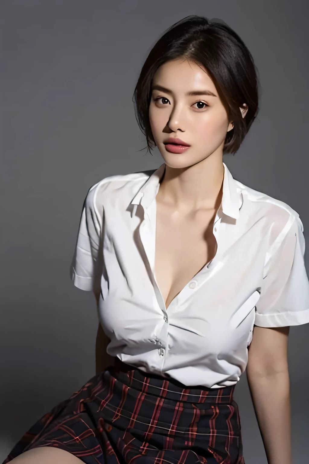 (highest quality,8K,masterpiece),studio photography,gray background,
Very beautiful Japan models,fine skin,realistic skin, lip gloss,rouge,
very short hair,pixie cut,look at the audience,
School_uniform, 大き目のイヤリング
big breasts,thighs,
plaid skirt, white shirt, big breasts,emphasize cleavage,