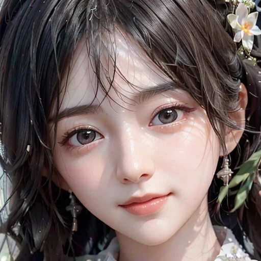 highest quality, ultra nothing, realistic, A photo of a beautiful and cute Japanese woman, detailed face, Beautiful black hair, (detailed porcelain dolls,white dress with detailed details), Mansion Pool, (Close up of face from neck), fascinating look, looking at the viewer, happy smile, Bright lighting, s old