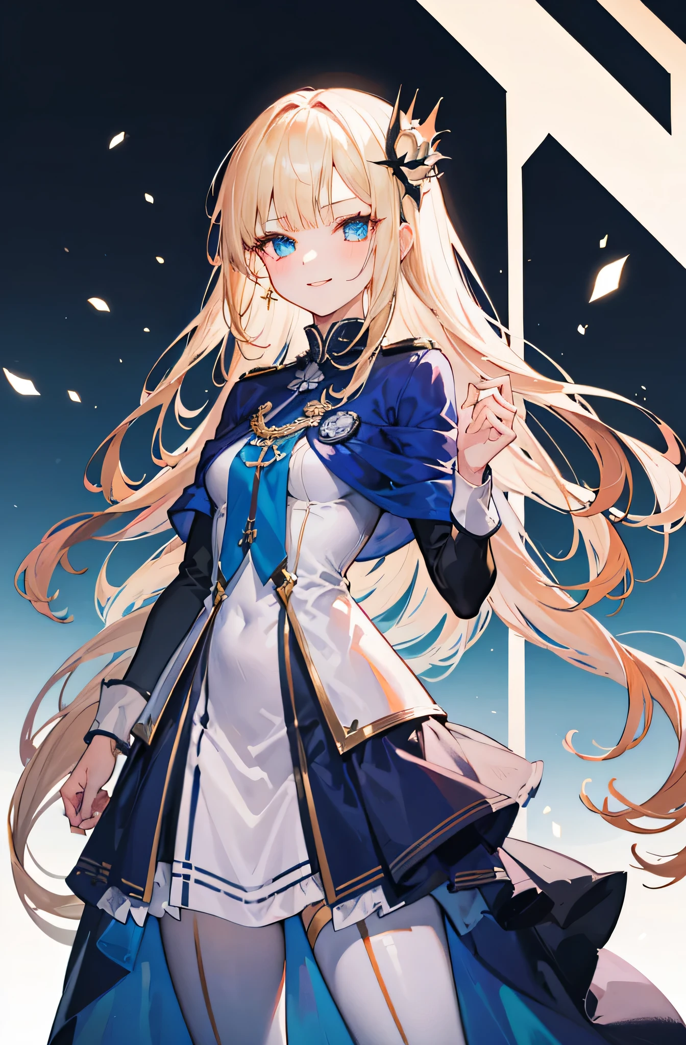 (Standing picture: 1.2) + (1 girl:1.5)+ golden hair + princess cut + White knight uniform + Detailed eyes and noses + deep blue eyes +  White combat uniform + domineering, masterpiece, highest quality,evil smile,holy,((with a cathedral background)),