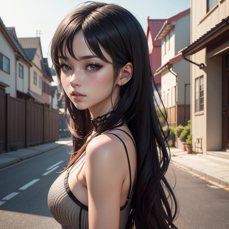 anime girl with black hair and fishnets posing in front of a house, artwork in the style of guweiz, realistic anime 3 d style, anime realism style, stunning anime face portrait, beautiful anime portrait, detailed portrait of anime girl, realistic anime artstyle, 🤤 girl portrait, portrait of an anime girl, anime style portrait, anime style. 8k