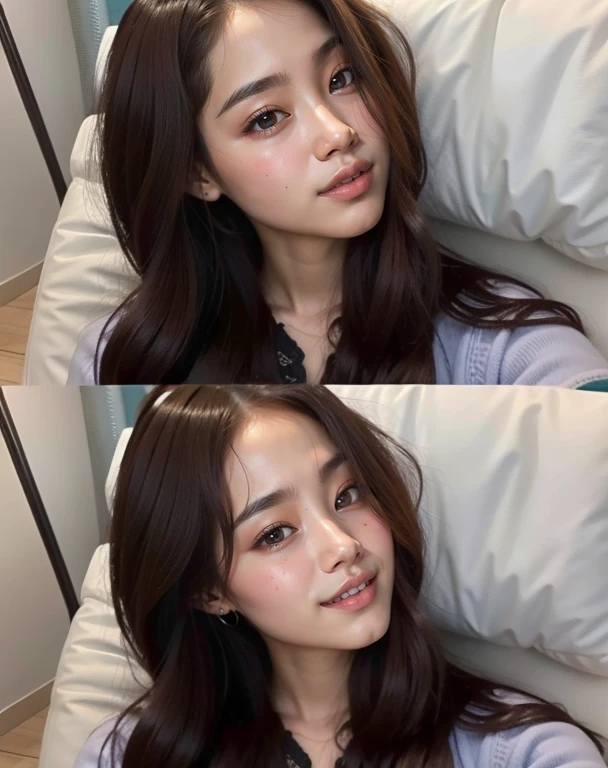 Un primer plano de una mujer acostada en la cama con una almohada, ulzzang, leve sonrisa linda, Sonrisa encantadora,pale korean adorable face, ella tiene una cara linda, retrato de jisoo rosa ?????, ella esta sonriendo y feliz, 8k selfie photography, con cara linda - fina