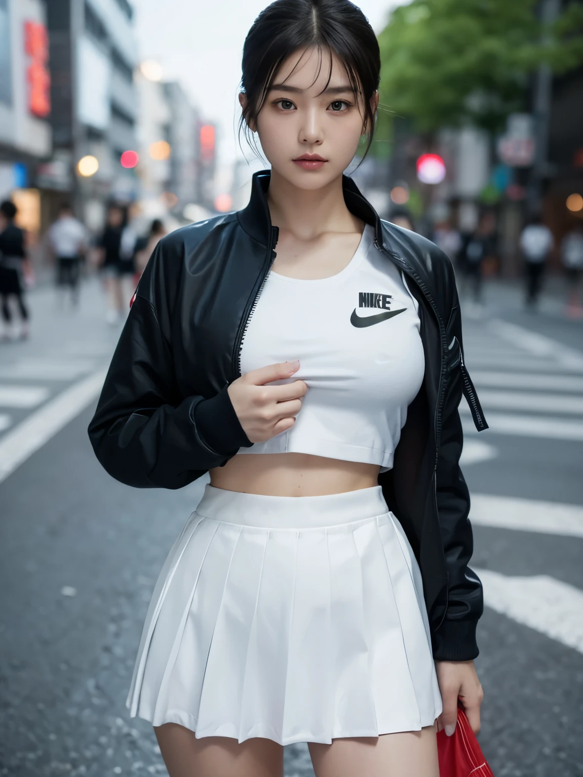 Photo realistic, High resolution, detailed background, detailed beautiful skin, detailed nose, soft lighting, (solo shot:1.23), (upper body:1.1), closed shot, (breast focused:1.3), looking at viewer, (((nice hand, perfect hand))), clear eyes,// japanese lady,cleavage, pale skin, mega breasts, 20 year old, // (((wearing nike black jaket with nike skirt))), red short hair, street snap, ((facing viewer)), at the street tokyo, ((standing)),
