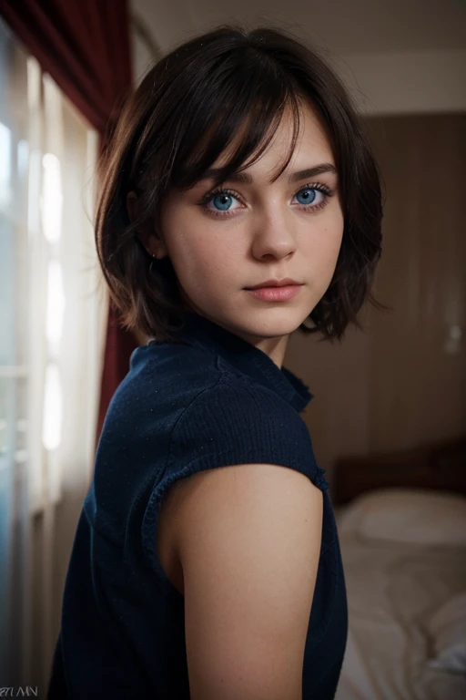 Cute Russian girl with short dark hair and deep blue eyes is fucked by a guy