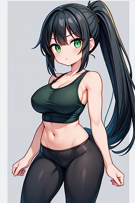 woman, black hair, green eyes, ponytail, , wide hips, big thighs, green tank top, leggings, slightly muscular