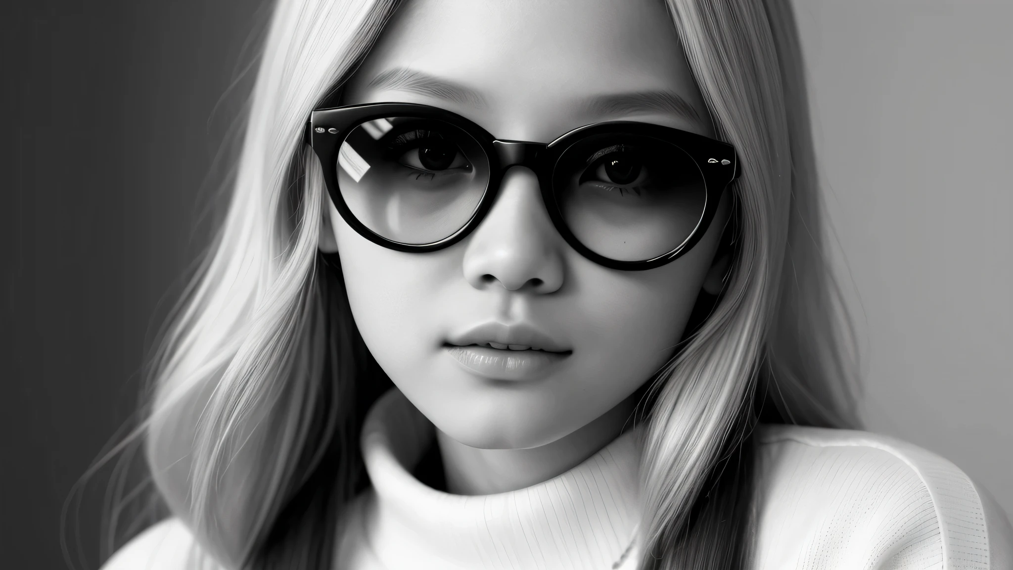 a girl kids blonde with a sweater on use of a dark glasses , portrait black and white, close up portrait photo, black and white portrait, 1 3 5 mm nikon portrait, beautiful portrait photo, studio potrait, taejune kim, seseon yoon, jaeyeon nam, kids model, editorial KIDS portrait, high detail portrait photo,
