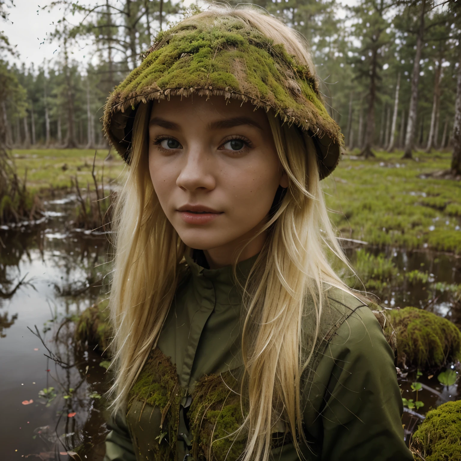 
Sphagnum moss grows in the swamps of Siberia., beautiful blonde girl in the swamp collecting moss near the hut