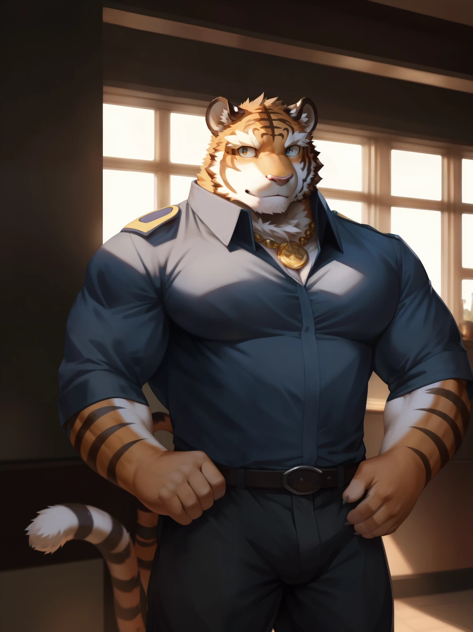 solo,anthro,furry,furry male, ((grant)), ((fluffy fur,fluffy,furry body)), (Tiger), (black body), big muscles, decorative coat, detailed fluffy fur, black chest, detailed face, detailed eyes, decorative black coat, gold accessory, necklace, blue shirt, sleeves rolled up, uniform, slack pants, black stripes, black slack pants, decorative coat, gold trimmings, tail accessory, tiger tail, full body, claws, fantasy grand monastery, red undershirt, (by null-ghost,by raccoon21, masterpiece, high quality,hi-res,8k had), standing pose,close-view portrait, looking at viewer, indoor, lights, calm expression, smirk, grant, solo, looking at viewer, shirt