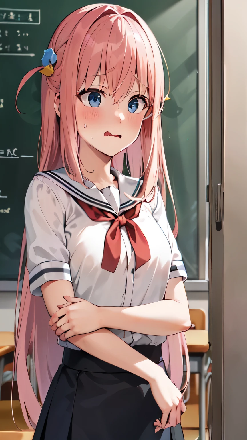 masterpiece, best quality, highres, gotou1, gotou hitori, solo, skirt, uniform, classroom, sailor collar, bangs, hair between eyes, (shaded face:1.4), wavy_mouth, closesd_mouth, upper_body, standing, embarrassed, surprised, sweatdrop