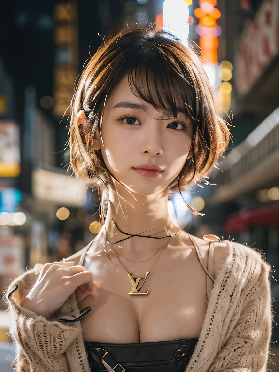 smile, cleavage, Photo realistic, High resolution, detailed background, detailed beautiful skin, detailed nose, soft lighting, (solo shot:1.23), (upper body:1.1), closed shot, (breast focused:1.3), looking at viewer, (((nice hand, perfect hand))), clear eyes,// japanese lady,cleavage, pale skin, mega breasts, 20 year old, // (((wearing louis vuitton))), short hair, street snap, ((facing viewer)), at the street tokyo, ((standing)),