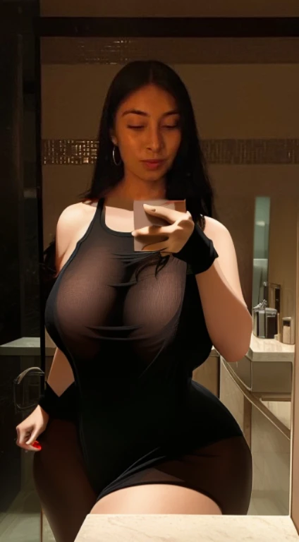 araffe woman taking a selfie in a bathroom mirror, 18 years old, 21 years old, 2 , 2 2 years old old, 2 4 year model, 2 8 years old, she is wearing a bla, 3 0 years old woman, 30 years old woman, 2 4 years old, Big tits, huge tits, no clothese, wide hips, thick thighs, pear-shaped body, minimal clothes, thick, extra wide hips, bbw, wide girl, giant tits, tits busting out, nipple showing, spilling out the side, sideboob, fat showing, minimal clothes, thick, thicc, upper body zoom, showing waist, hard nipples, see through top,