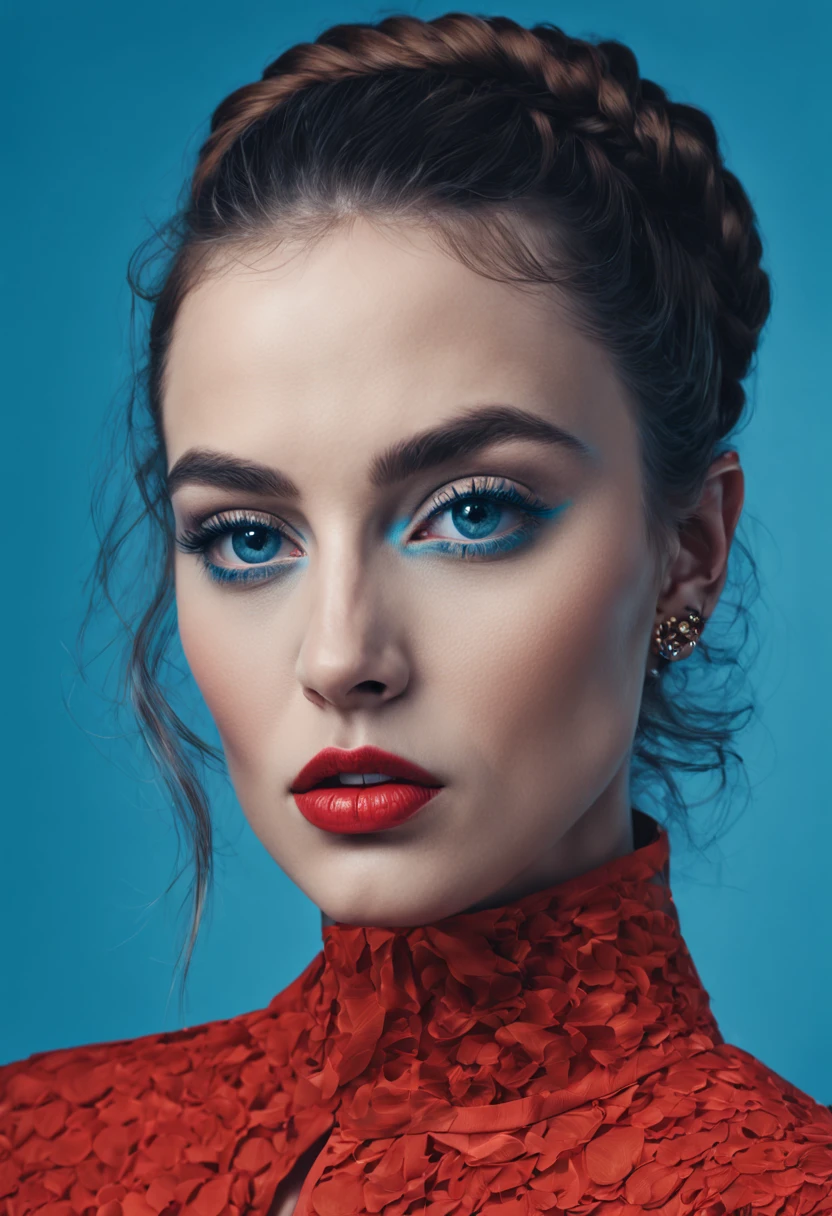 Meadows, in the style of neo-pop sensibility, photographically detailed portraitures, red and azure, uniformly staged images, surrealist visuals, celebrity portraits with personality, hyper-realistic portraiture, وجه شابة بيضاء بحجاب لونه فستقي وذهبي