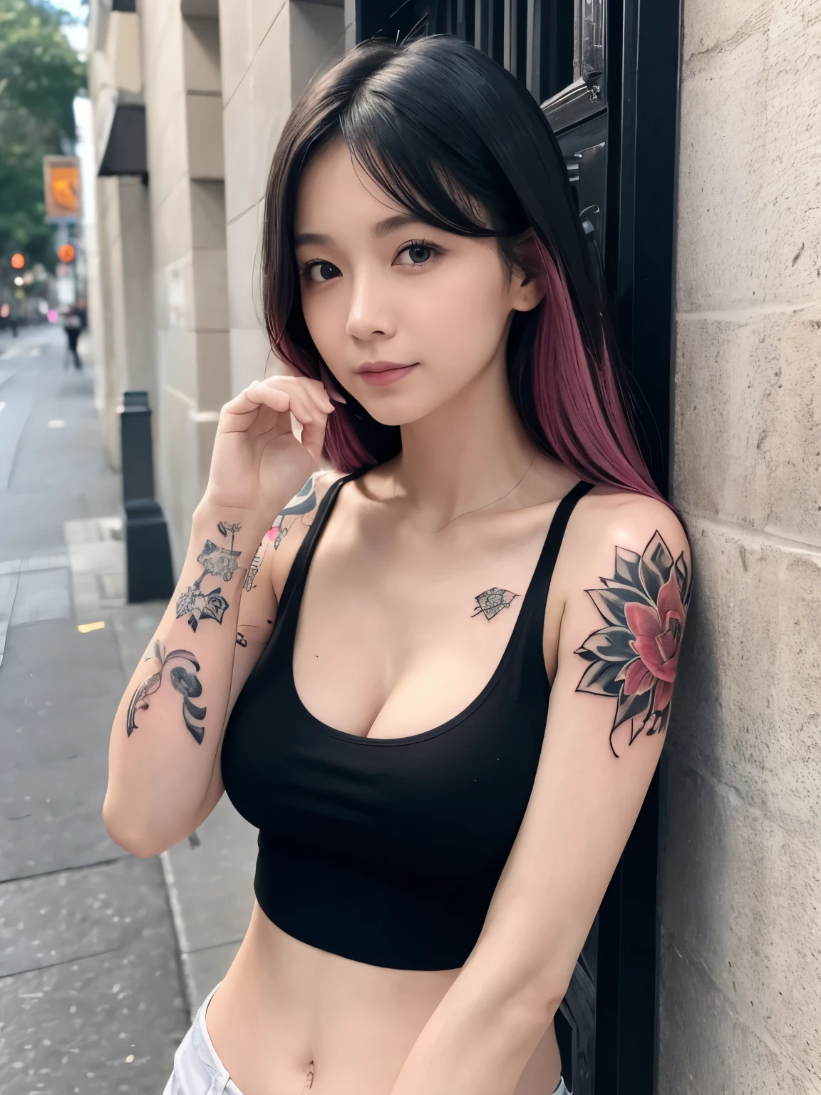 (((full body tattoo))), cleavage, Photo realistic, High resolution, detailed background, detailed beautiful skin, detailed nose, soft lighting, (solo shot:1.23), (upper body:1.1), closed shot, (breast focused:1.3), looking at viewer, (((nice hand, perfect hand))), clear eyes,// japanese lady,cleavage, pale skin, mega breasts, 20 year old, // (((wearing black tanktop))), pink hair, street snap, ((facing viewer)), at the street, ((standing)),