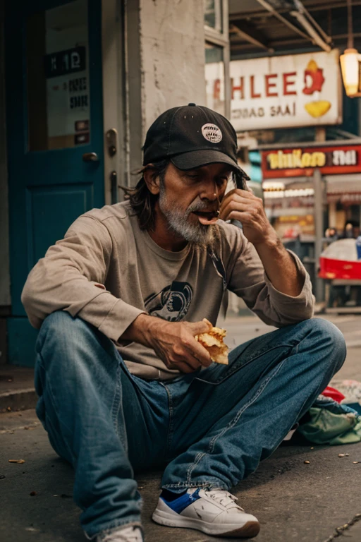 homeless man eating chickennuggets