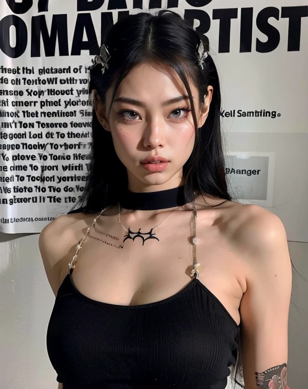 arafed woman with a tattoo on her chest and a gargantilla, cruel korean gothic girl, wearing black gargantilla, wearing gargantilla, gargantilla, gargantilla on neck, wearing intricate black gargantilla, gargantilla around neck, modelo de moda femenina coreana, black gargantilla, gothic girl aesthetic, steel gargantilla, hermosa joven coreana, ella lleva una camiseta sin mangas negra, a black gargantilla