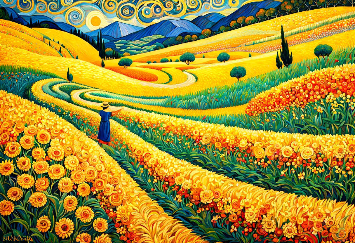 fine art, oil painting, Thick brush, หญิงสาวผู้elegantที่หายไปในความฝันของเธอ, Inspiration from [Gustav Klimt | Vincent van Gogh | Pablo Picasso | Gil Elfgren], have, ผนังโมเสกที่haveเสน่ห์, swirls, Triadic color, art nouveau, Byzantine mosaic, gold accents, ความelegant, complication, Very good, highly refined, haveสไตล์, complex background, Timeless, luxurious, fragile, elegant, high end, intricate pattern, Sensational style, complex surface, incredible light, Emotional depth, numb, The perfect cohesive composition.