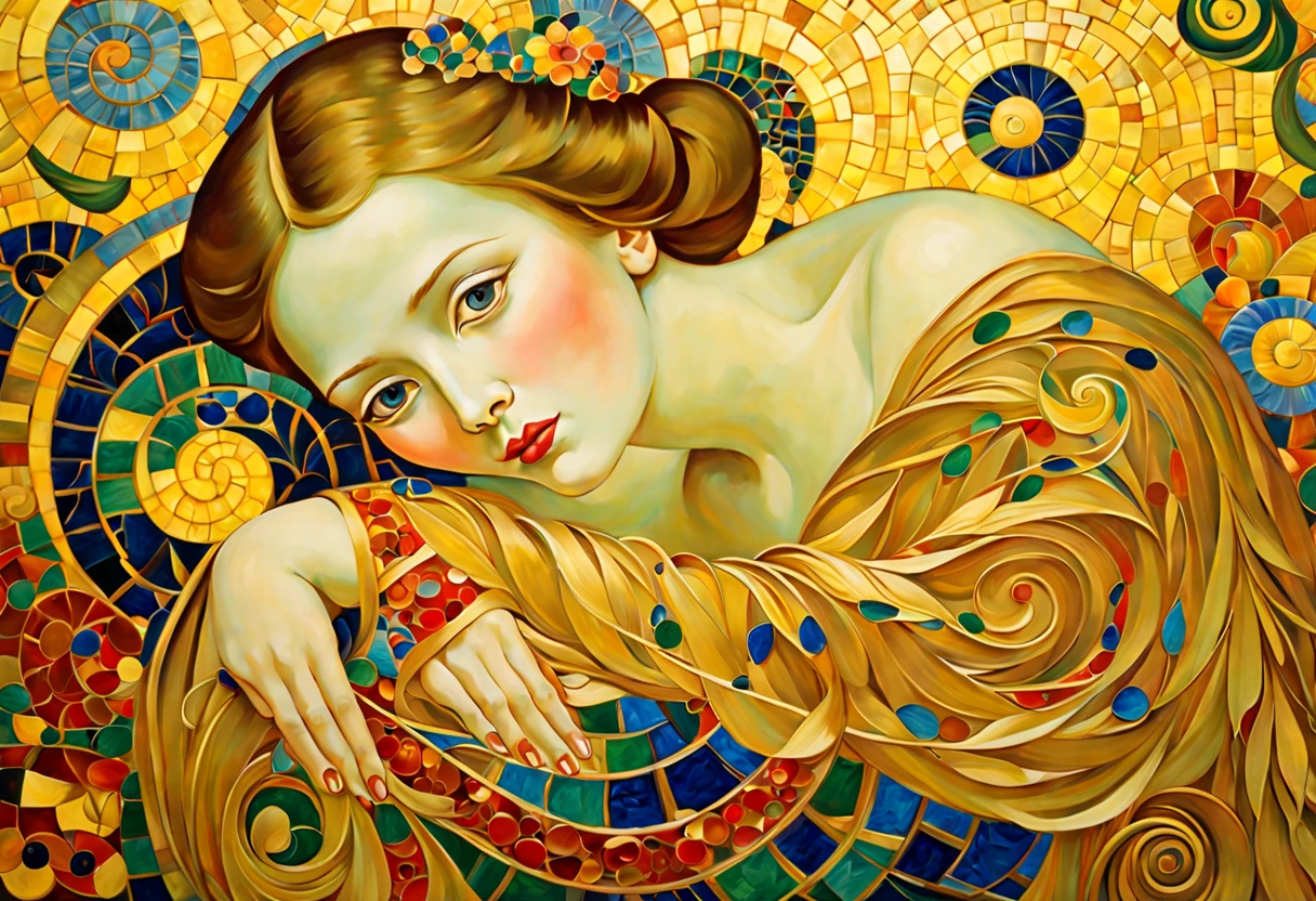 fine art, oil painting, Thick brush, หญิงสาวผู้elegantที่หายไปในความฝันของเธอ, Inspiration from [Gustav Klimt | Vincent van Gogh | Pablo Picasso | Gil Elfgren], have, ผนังโมเสกที่haveเสน่ห์, swirls, Triadic color, art nouveau, Byzantine mosaic, gold accents, ความelegant, complication, Very good, highly refined, haveสไตล์, complex background, Timeless, luxurious, fragile, elegant, high end, intricate pattern, Sensational style, complex surface, incredible light, Emotional depth, numb, The perfect cohesive composition.