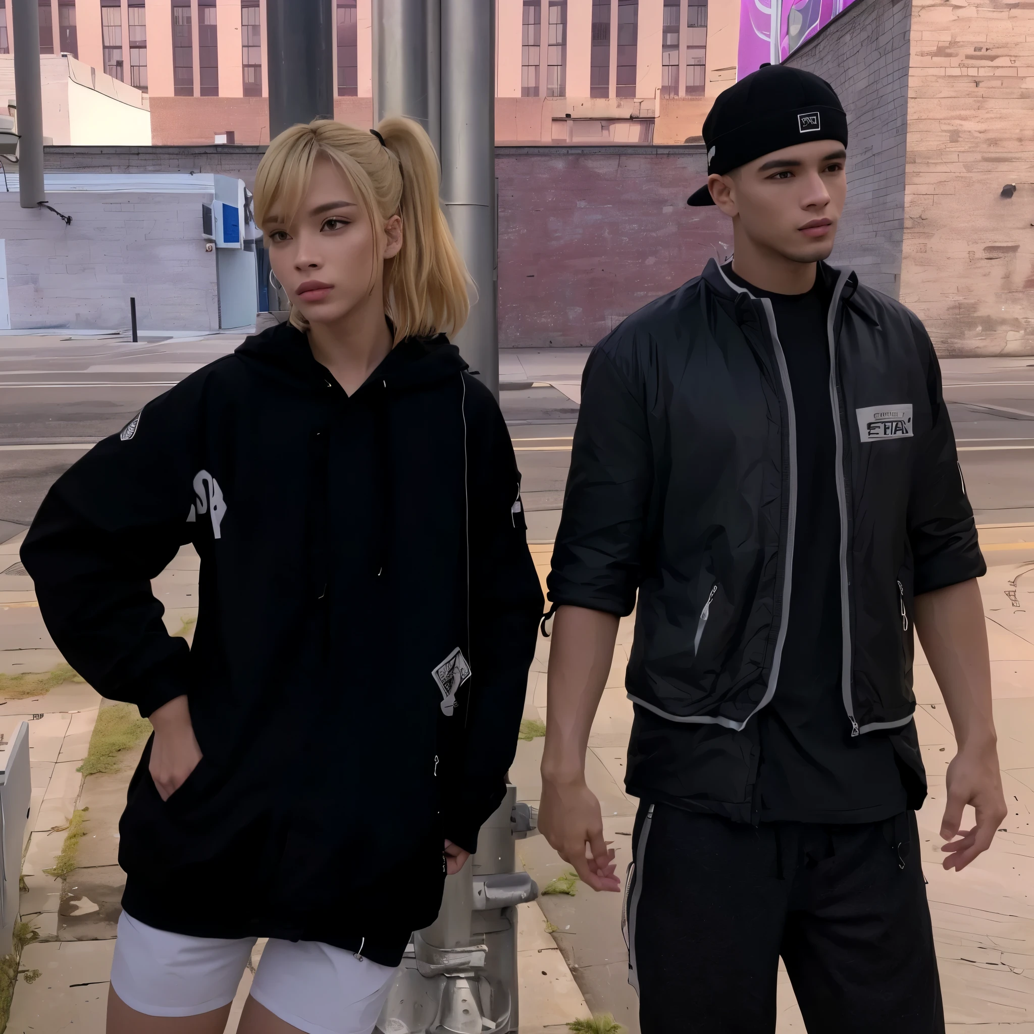on the left is a beautiful woman wearing a black jacket with yellow hair and white shorts, on the right is a handsome man with a backwards hat,