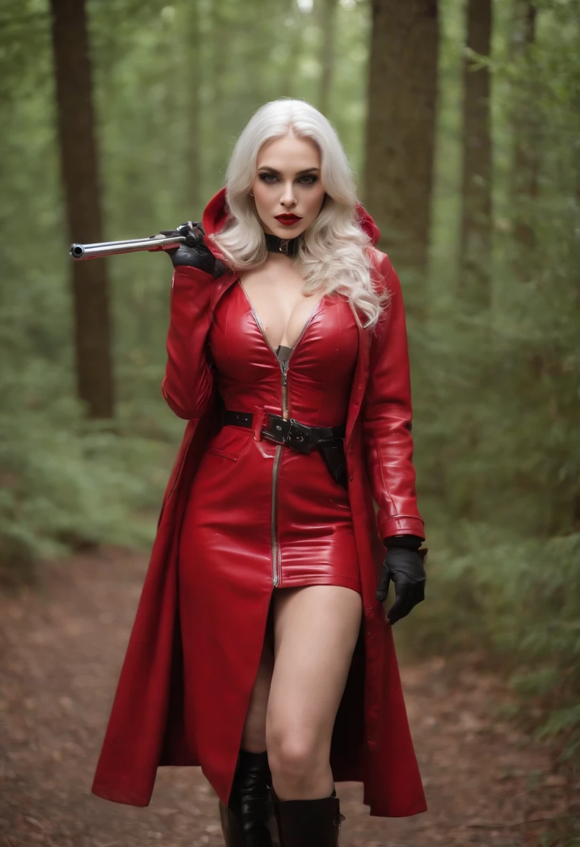full body portrait of a beautiful and sexy Little Red Riding HoodCat in red latex dress and coat and with Shotgun in her hand, she is walking in a dark forest by night, aesthetic, cute, adorable, sexy, perfect female form, expressive eyes, white hair, Sexy Big Breast, white hair, Marvel style