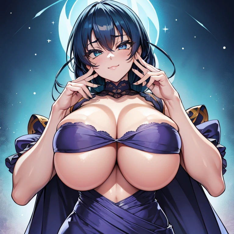 (obra maestra, Mejor calidad, Extremadamente detalle Unity 8K Wallpaper, Exquisite character design, beautiful huge senos, Detalles extremadamente faciales, Extremely good anatomy), ASAGI, 1 chica, senos, Solo, Sonrisa, abdominales, tonificado, mirando al espectador, mano en la cadera, rubor, huge senos, pelo azul, pelo largo, golpes, pelo entre los ojos, ojos verdes, (Traje de enfermera:1), Ropa ajustada a la piel,