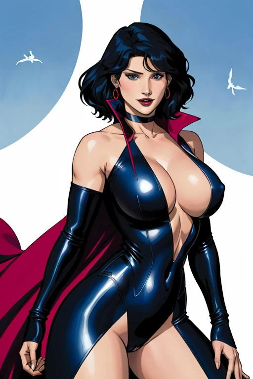 DC Comics, Gemma Arterton dressed as a Goth girl, by Adam Hughes and HR Geiger, vampire, (sexy), flying, pain background, nearly naked, NSFW