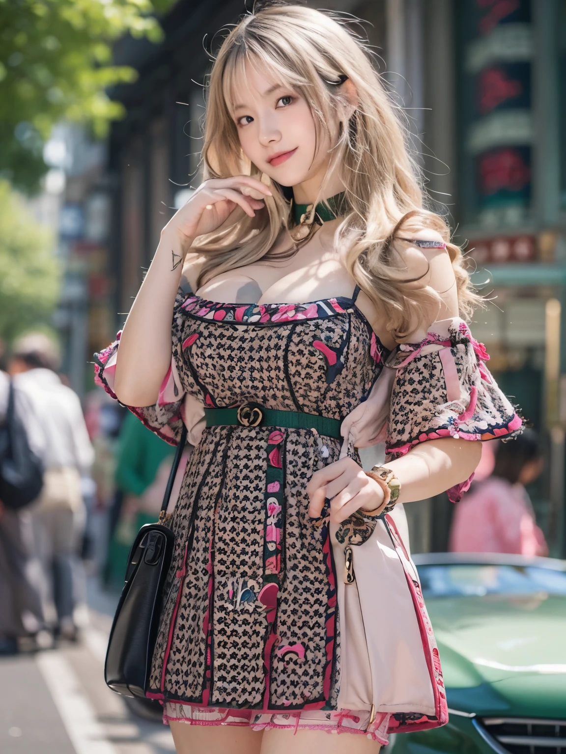 smile, Photo realistic, High resolution, detailed background, detailed beautiful skin, detailed nose, soft lighting, (solo shot:1.23), (upper body:1.1), closed shot, (breast focused:1.3), looking at viewer, (((nice hand, perfect hand))), clear eyes,// japanese lady, pale skin, mega breasts, 20 year old, // (((wearing gucci setup))), long hair, street snap, ((facing viewer)), at the street tokyo, ((standing)),