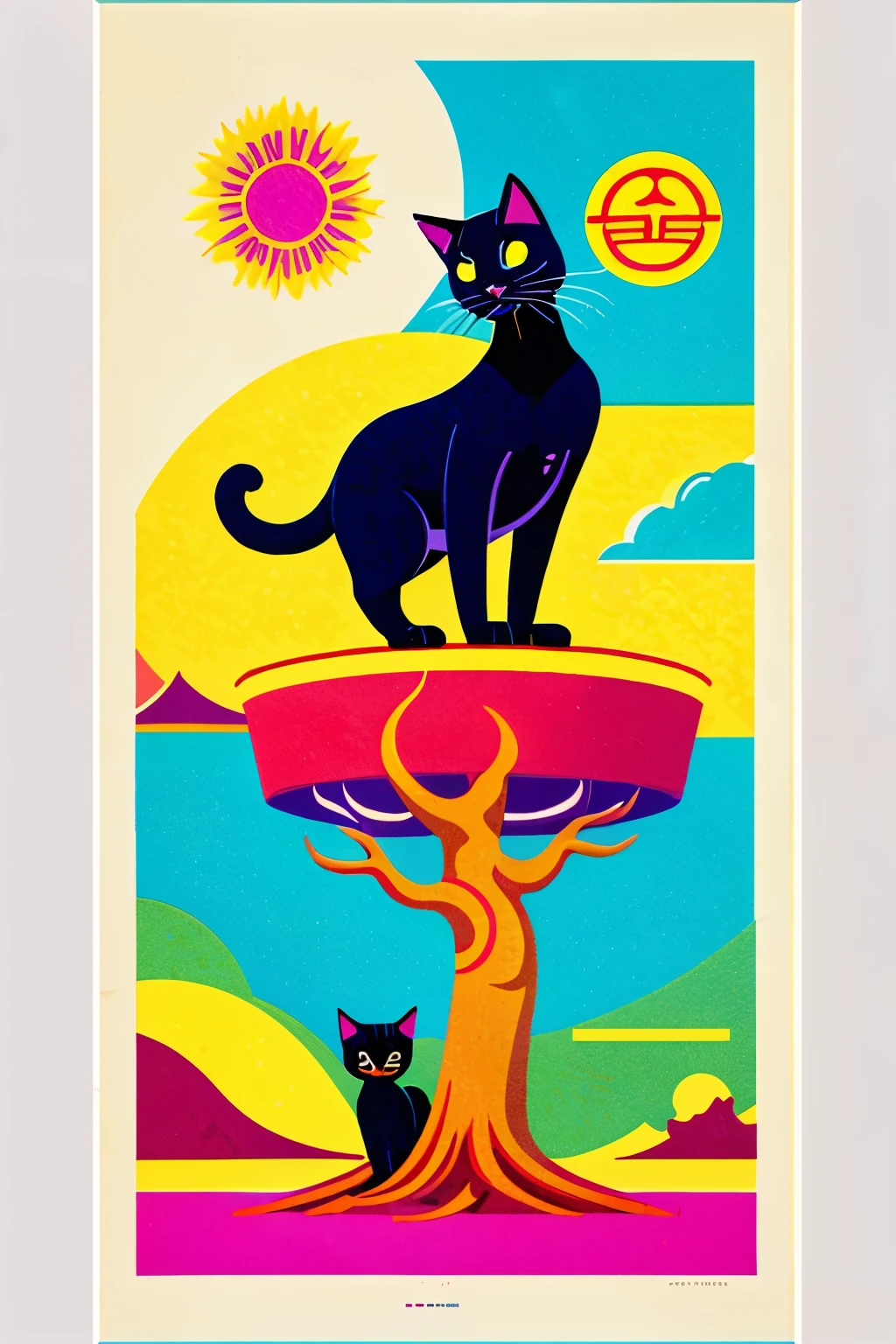 A poster illustration of a black cat on a yellow background with a pink circle of sun above, vintage Japanese styled bar/cafe ad, with bonsai tree-like teal clouds drifting past, masterpiece of an illustration, extremely fine and beautiful, lovely print style, reminiscent of the style of Rene Gruau and Saul Bass, GBH, landscape, outdoors, illustration, landscape
