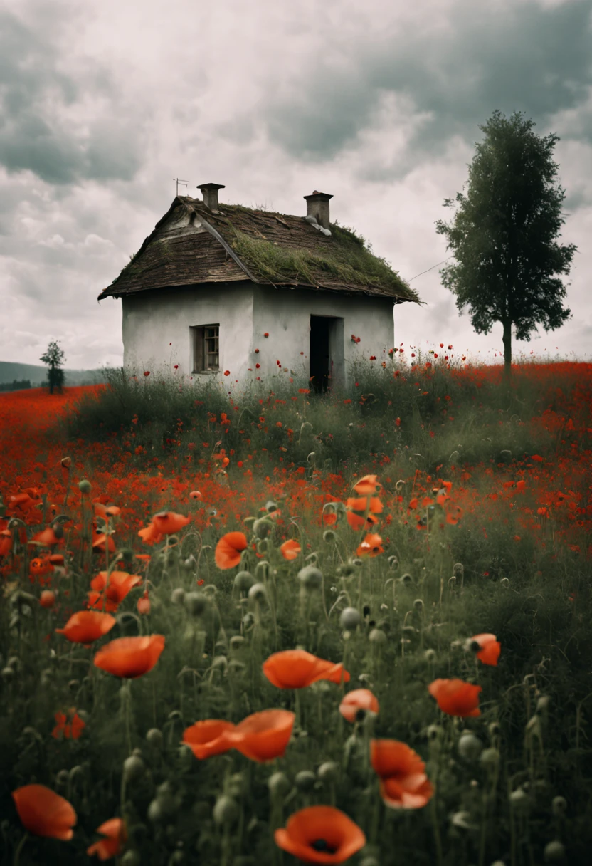 a photograph of a small house in a poppy field, in the style of zeiss ikon zm, cluj school, analogue filmmaking, photo, dark white, confessional, washed-out