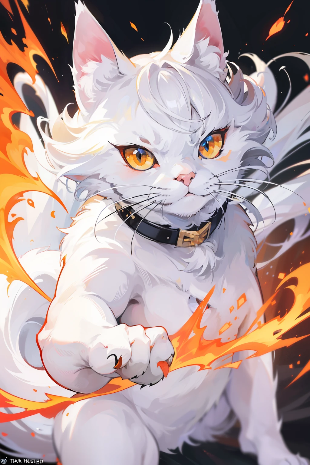In the heart of the image lies a magnificent, white cat with an expression of unbridled anger. Its piercing eyes are narrowed, displaying a palpable sense of dissatisfaction. The cat's fur, typically pristine and immaculate, is now ruffled, showing a hint of rebellion and defiance. The tips of its ears are flattened against its head, and its Whitestripe of fury is raised, accentuating the aura of anger emanating from the cat's presence. The scene is captured in stunning detail, inviting the viewer to delve deeper into the cat's fiery spirit and uncover the secret story behind its outrage.