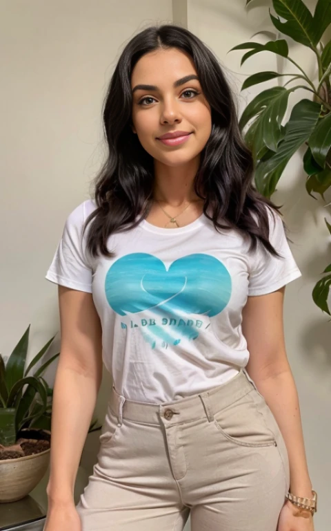 1 Mujer adulta, pelo largo, Pelo RIZADO, dyed black hair, piel suave, Brown eyes, Sonrisa, cielo, plantas, EZwear Botones en la parte delantera Blusa blanca simple ocasional, pantalones cortos beige de cintura alta, beautiful Sonrisa, ella tiene senos y culo grande, no muestra las manos en las fotos