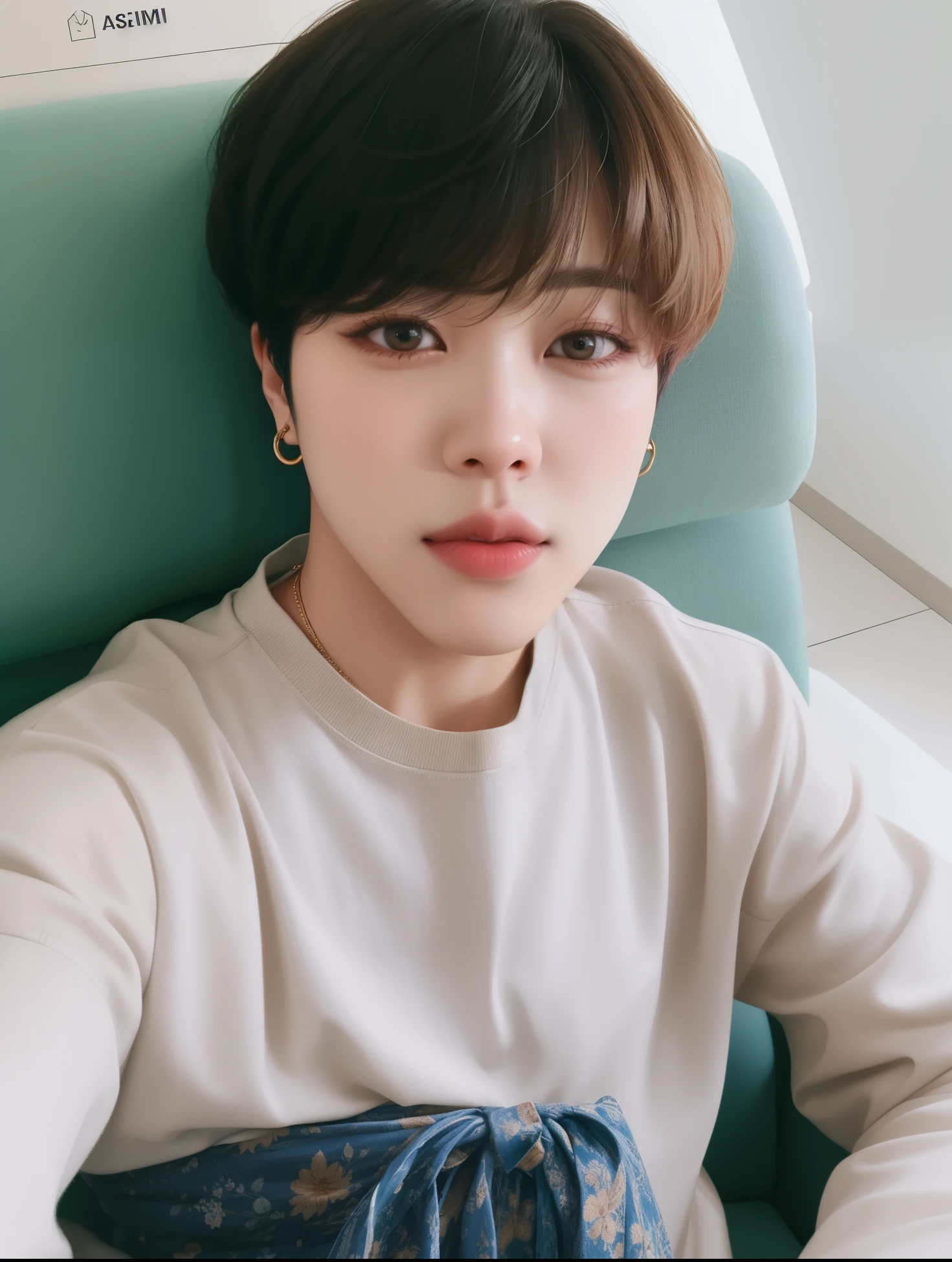 um close de uma pessoa sentada em um trem com uma bolsa, Jimin\the full lips, park Jimin, accurate Jimin face, Jimin\the right eyelid is swollen, Jimin, Jimin\o nariz grego, jimin do bts, jimin, Jimin park, min ji, pintar ulzzang, com cabelo curto, Park Jimin