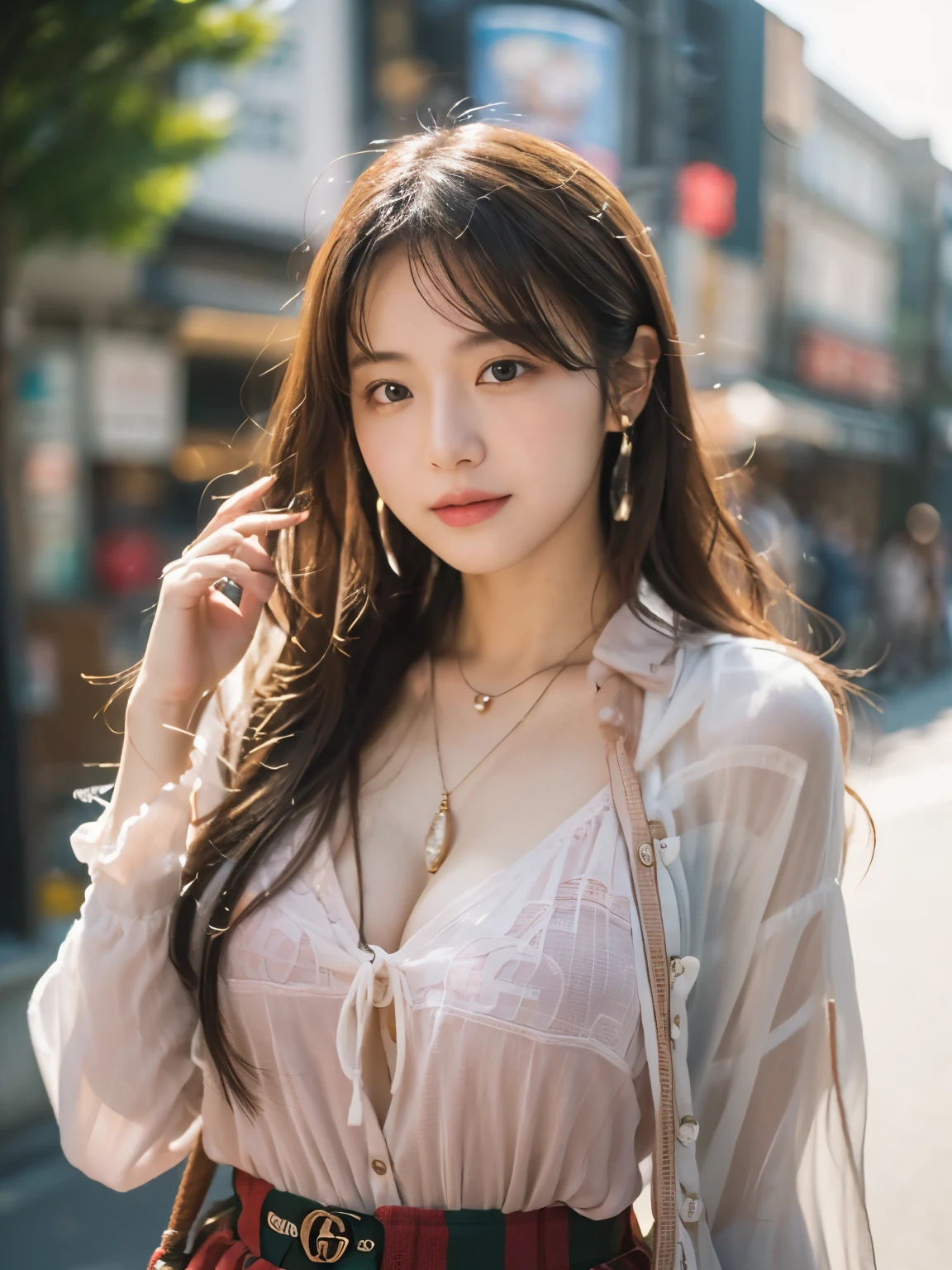 smile, Photo realistic, High resolution, detailed background, detailed beautiful skin, detailed nose, soft lighting, (solo shot:1.23), (upper body:1.1), closed shot, (breast focused:1.3), looking at viewer, (((nice hand, perfect hand))), clear eyes,// japanese lady, pale skin, mega breasts, 20 year old, // (((wearing Outdoor fashion created by Gucci))), long hair, street snap, ((facing viewer)), at the street tokyo, ((standing)),