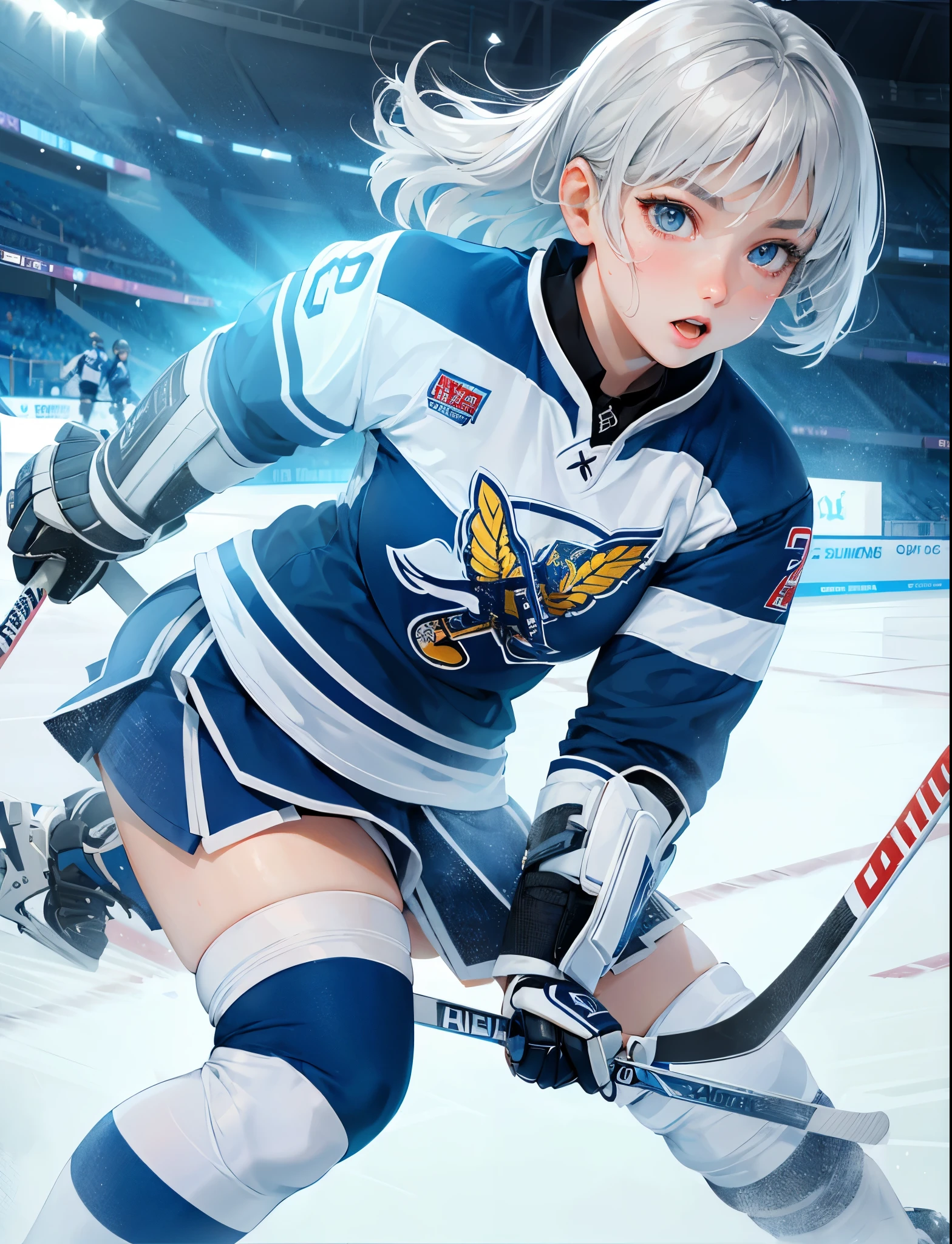 high quality,hd,16k,sharp line,1girl,female ice hockey athlete ,cute face, middle breasts, nice legs, sweat,in ice hockey venue,focus girl,detailed beautiful face,detailed clothes,beautiful eyes,cool,dynamic angle