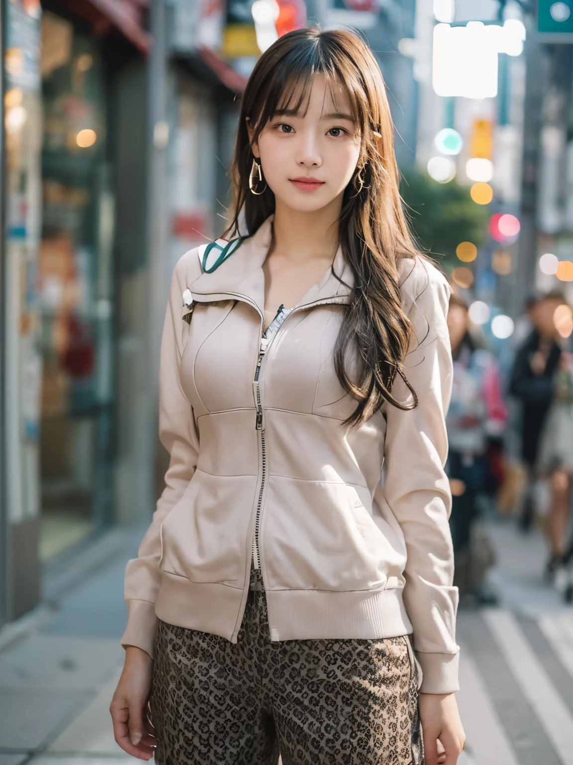 smile, Photo realistic, High resolution, detailed background, detailed beautiful skin, detailed nose, soft lighting, (solo shot:1.23), (upper body:1.1), closed shot, (breast focused:1.3), looking at viewer, (((nice hand, perfect hand))), clear eyes,// japanese lady, pale skin, mega breasts, 20 year old, // (((wearing Outdoor fashion created by Gucci))), long hair, street snap, ((facing viewer)), at the street tokyo, ((standing)),