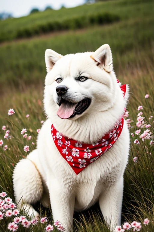  Very furry white color Akita dog with red bandana on the neck on a flowering grass

