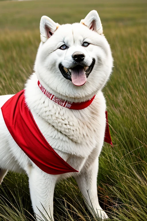 Very furry white color Akita dog with red bandana on the neck on a flowering grass