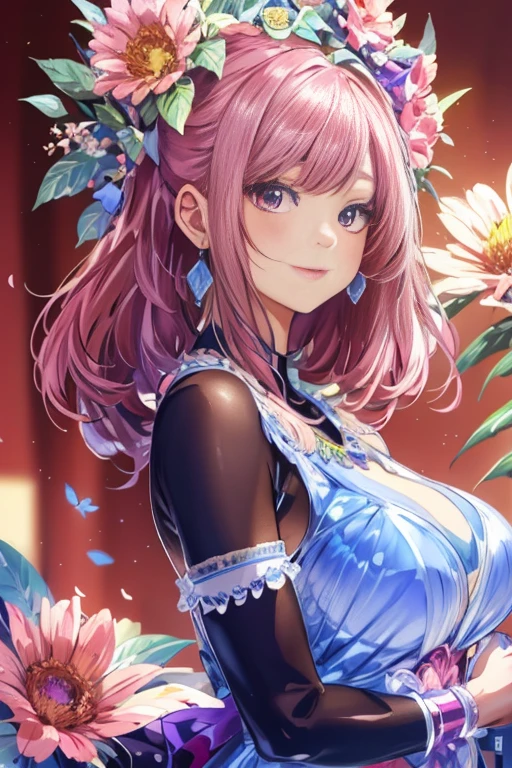 Magenta hair, hazel eyes, older woman, hair bows, cat ears, long hair, smiling face, sexy outfit, butterflies, teal and gold outfit, butterfly background 