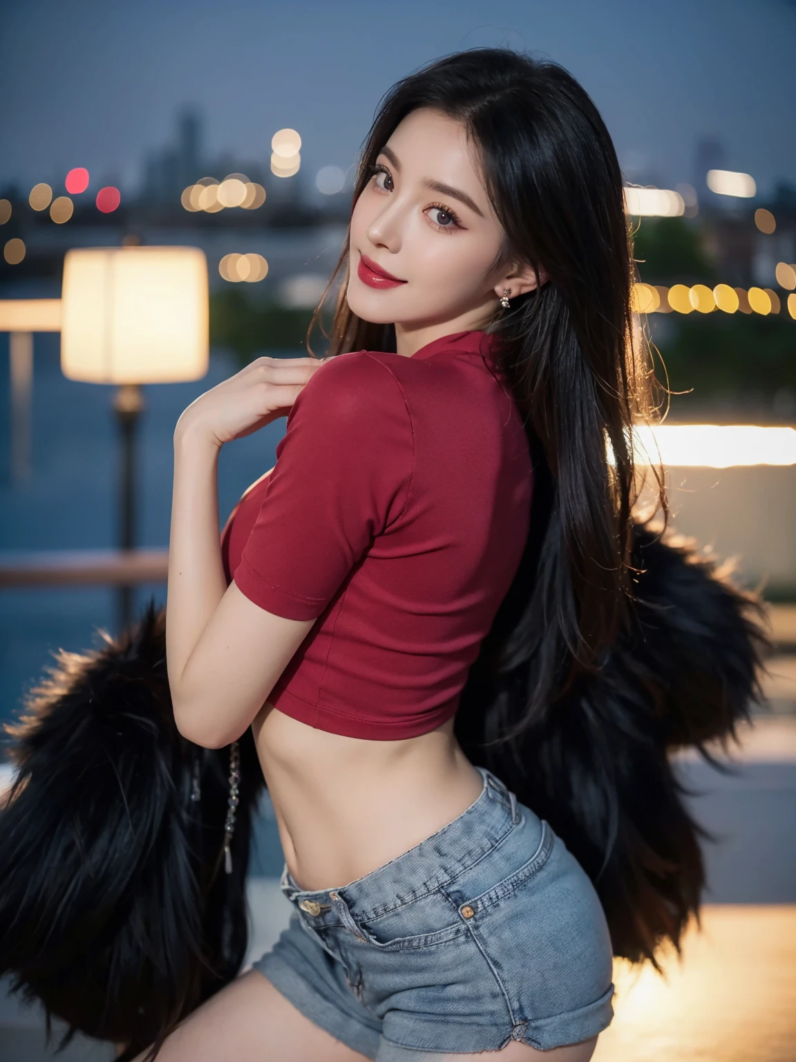 (((8k, RAW photos, best quality, masterpiece))), (((realistic, photograph realistic))), (masterpiece, best quality, High detail, Best image quality, super detailed, high resolution, Very detailed, Extreme detail description, hyperdetailed painting, An extremely delicate and beautiful work), Beautiful detailed girl, Very detailed eyes and face, fair skin, noble beauty, ((detailed skin structure)), perfect anatomy, ((perfect body)), Beautiful detailed whole body, delicate face, fine collar bone, lovely lips, Behind the softness, (beautiful thighs), (slender abs), (big breasts, Bulging breasts, crisp breasts), (Expose cleavage), (soulful eyes), ((Fine eyes)), (black eyes), (beautiful and clear eyes), (bounce bang straight long hair, By bangs), (purple hair), (smile), (Enchanted expression), (seductive look), (charming), ((crop-top red shirt)), ((black fur coat)), ((Black tight hip jean short)), ((black lence stockings)), (delicate hair clip, diamonds earrings, diamond necklace, Wrist watch), ((midnight:1.3)), ((view over city)), physically-based rendering, Realistic lighting, (((the body from the thighs up))), ((overlooking at audience)), ((from behind))